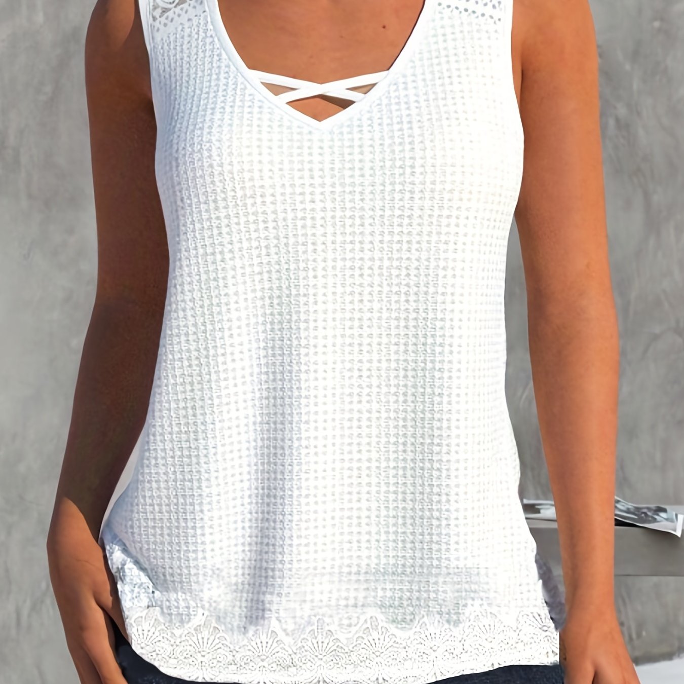 Casual Tank Top Women's Plus Lace Waffle Pattern V Neck Top