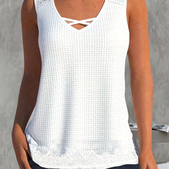 Casual Tank Top Women's Plus Lace Waffle Pattern V Neck Top
