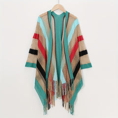 Boho Hollow Out Knitted Shawl Rainbow Striped Tassel Wrap Cover Up