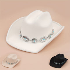Turquoise Chain Decor Fedora Cap Solid Boho Jazz Hat Unisex Cowgirl Felt Hat