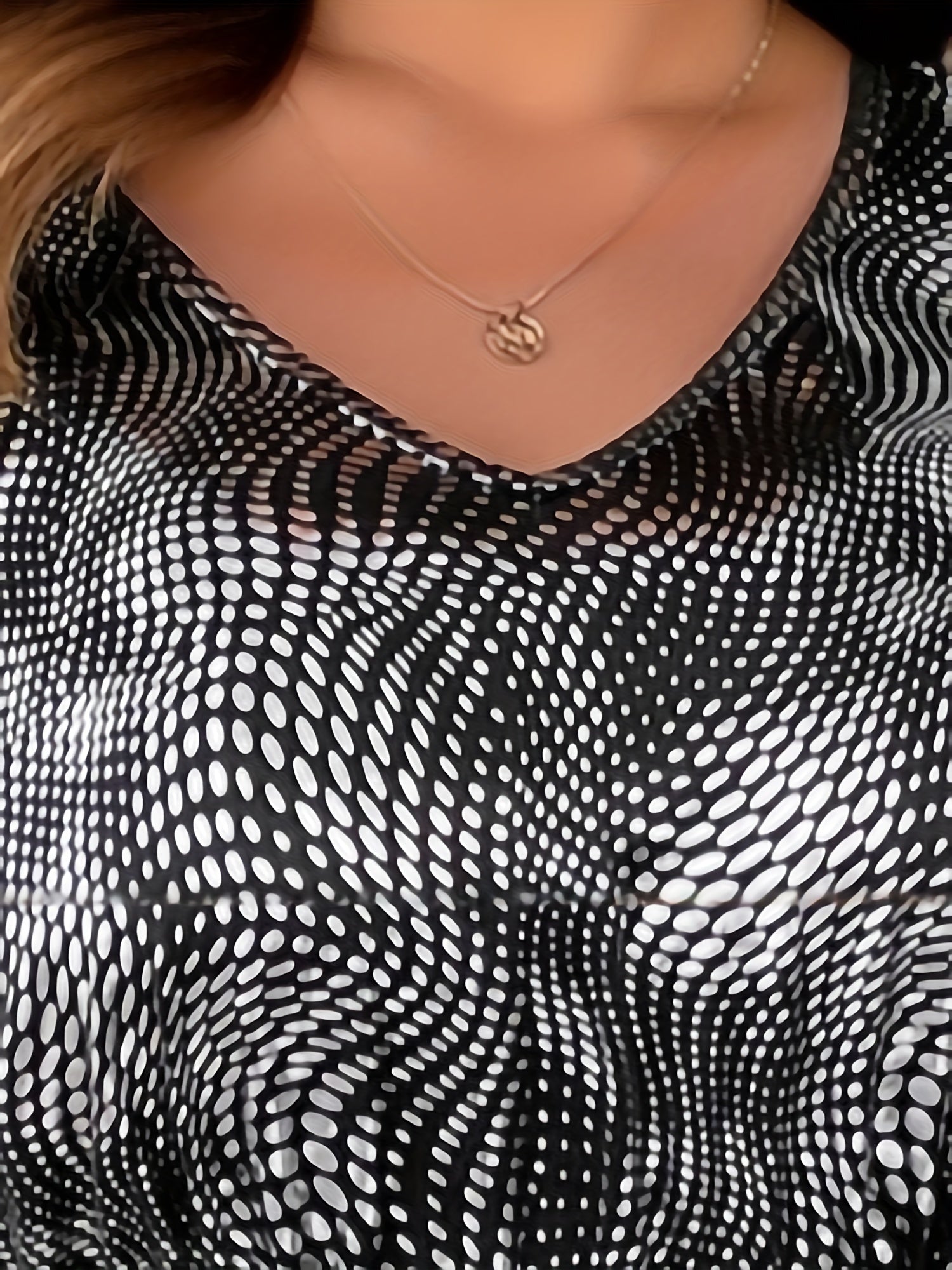 Colorblock Dot Print Lantern Sleeve V Neck Mini Dress