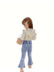 Girls Floral Print Long Sleeve Lace Collar Blouse Shirt