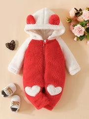 Baby Girls Fur Love Embroidered Jumpsuit Hooded Long Sleeve Bodysuit