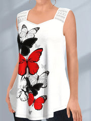 Butterfly Print Lace Tank Top Sweetheart Neck Medium Stretch