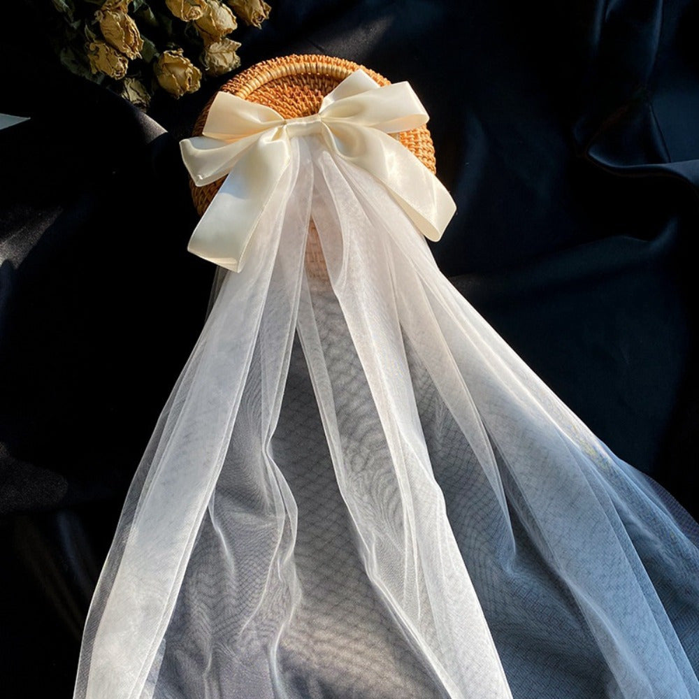 Bridal Veil with Pearl Bow Tulle Wedding Dress Accessory