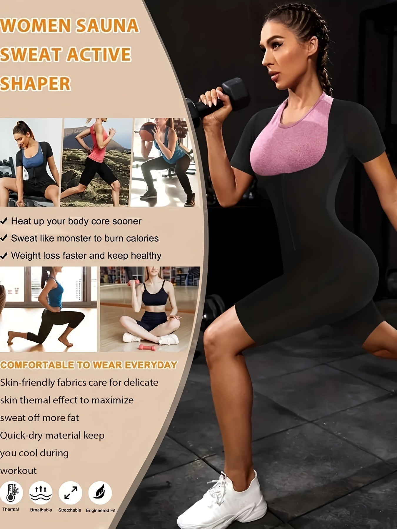Short Sleeve Zipper Sports Shaping Bodysuit Women Sauna Sweat Fitness