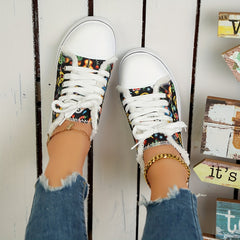 Women's Skull Canvas Sneakers Halloween Lace Up Flats