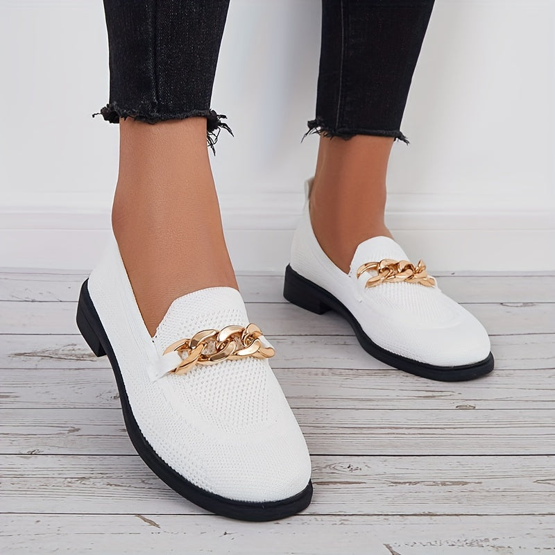 Women's Knitted Flat Shoes with Chain Decor Slip On Outdoor Walking Flats