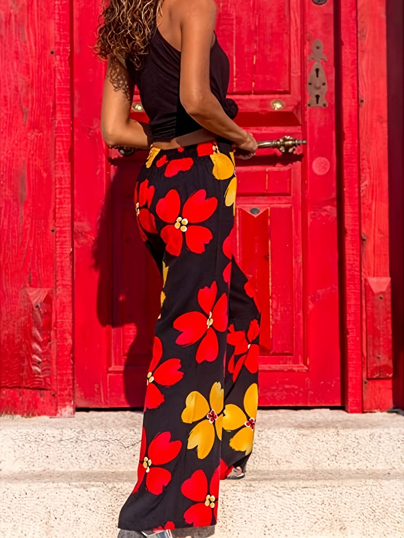 Boho Floral Print Loose Straight Pants Elastic High Waist