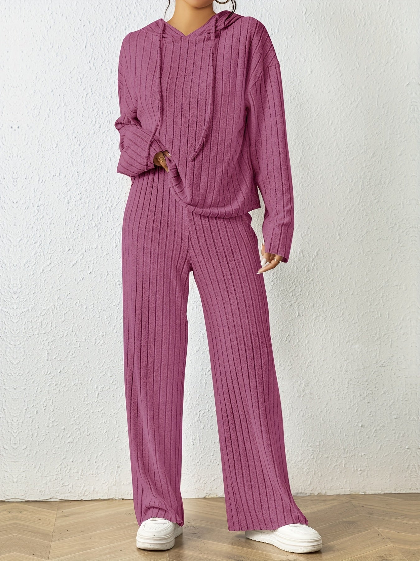Solid Knit 2pc Set Long Sleeve Hoodie & Wide Leg Pants