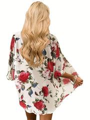 Floral Print Cover Up Shirt V Neck Loose Fit Long Sleeves Beachwear