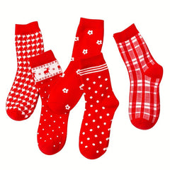 5 Pairs Polka Dot & Plaid Socks Comfy & Breathable Christmas Stockings