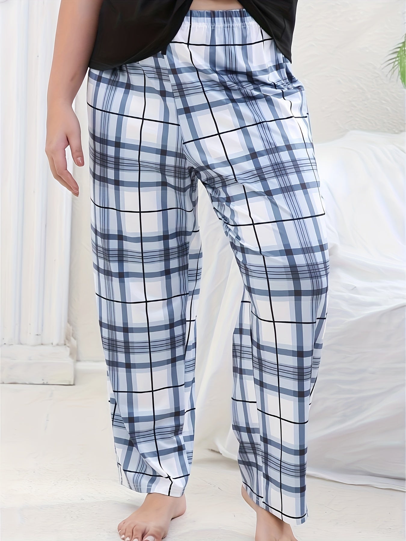 Plaid Print High Stretch Bow Pajama Pants