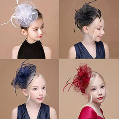 Mesh Bowler Hat with Feather Bow for Girls Party