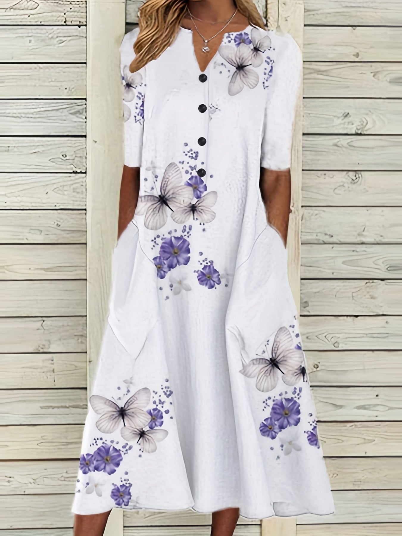 Floral & Butterfly Print V Neck Dress Button Front Short Sleeve Dress