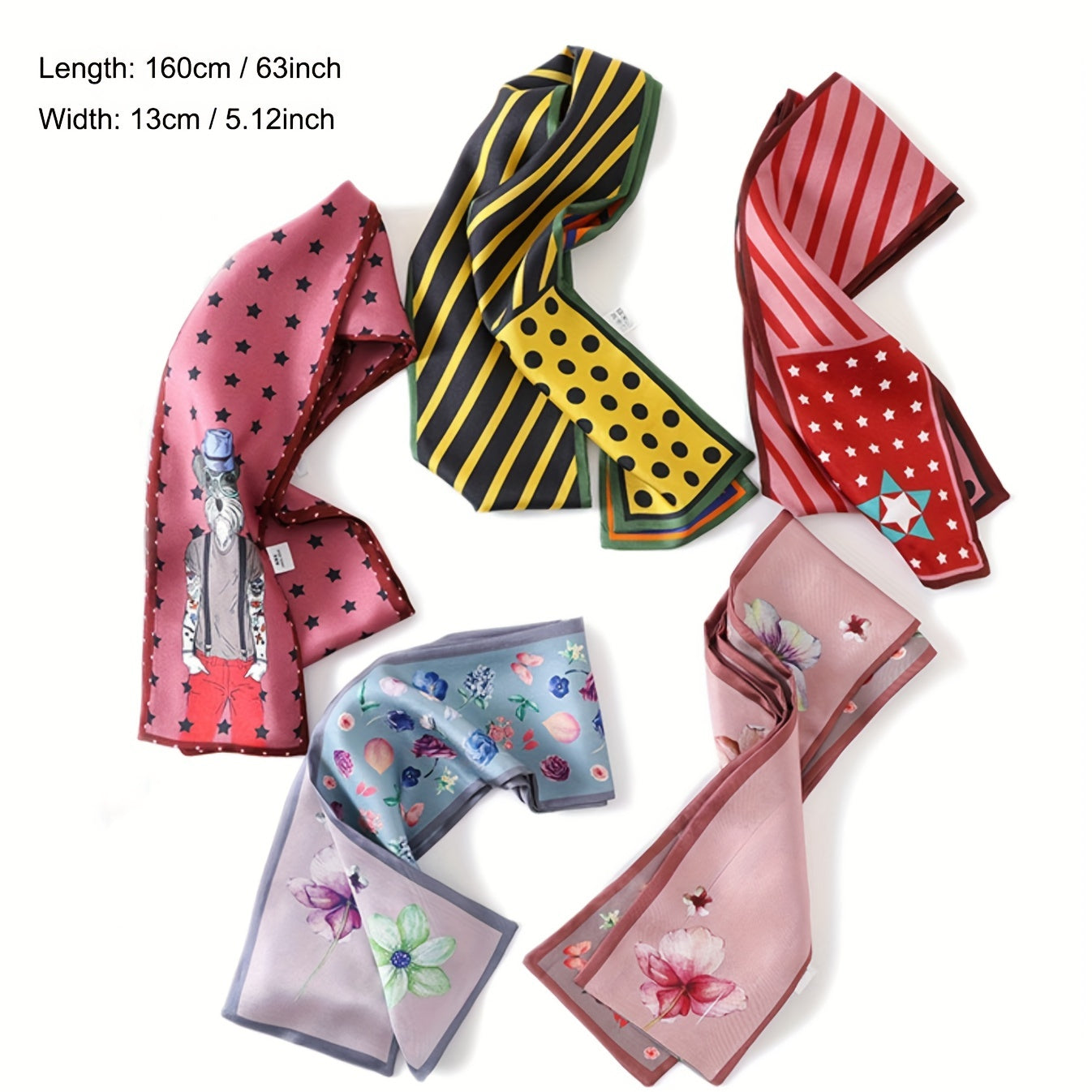 Floral Print Ribbon Neckerchief Satin Twilly Scarf Skinny Scarf
