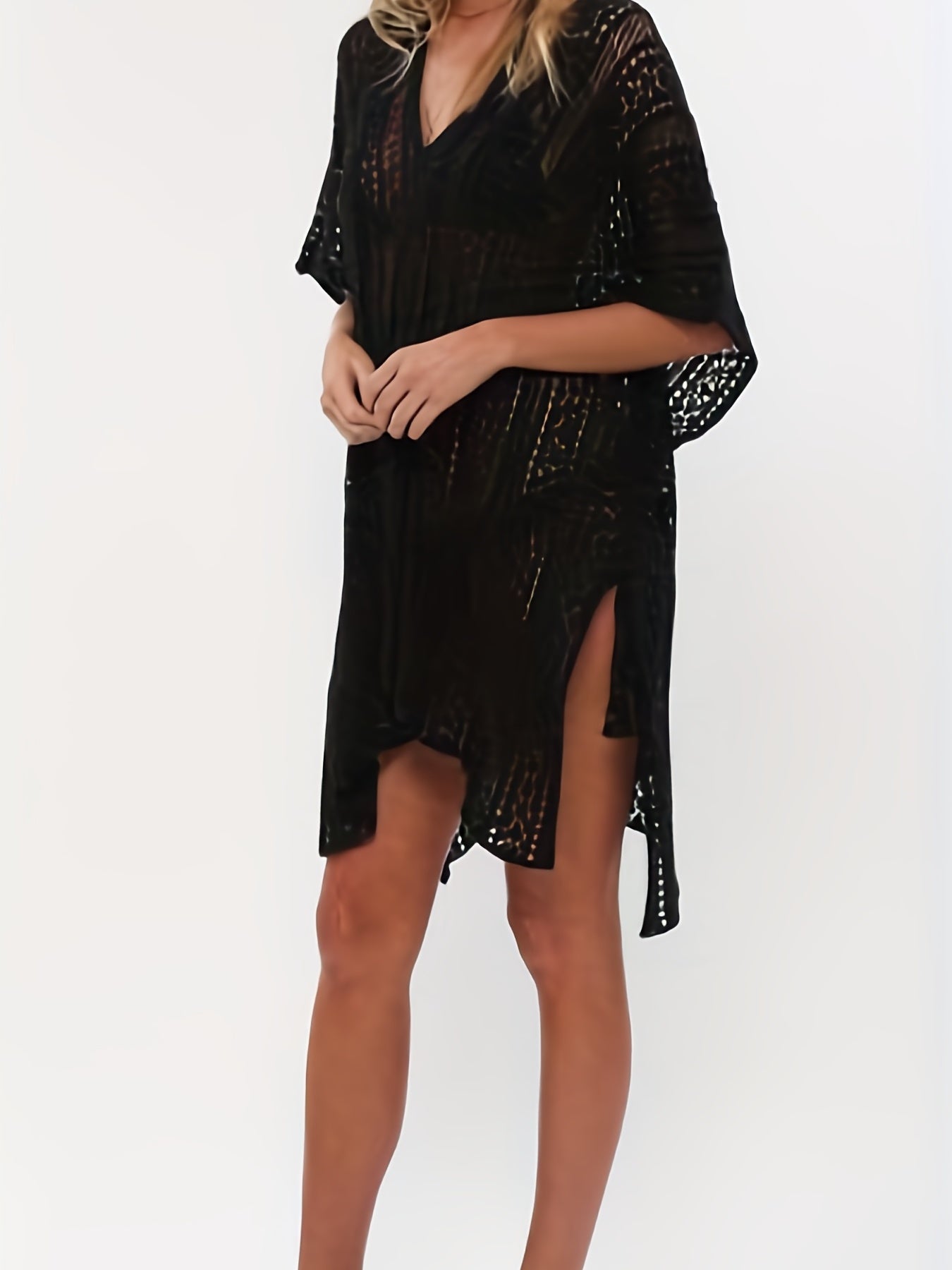 Knitted Split Side Cover Up V Neck Tassel Solid Beach Loose Cover Up