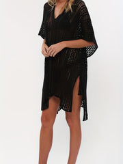 Knitted Split Side Cover Up V Neck Tassel Solid Beach Loose Cover Up