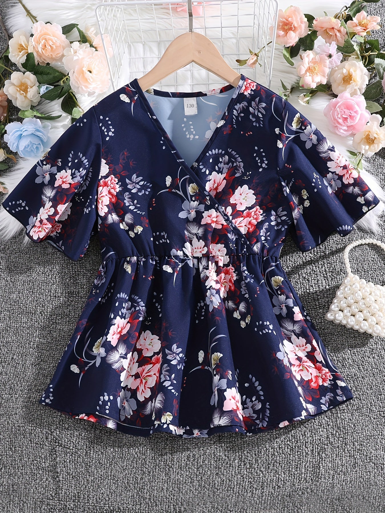 Girls Boho Floral Flounce Sleeve V Neck Tunic Blouse Tops Loose Fit