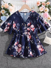 Girls Boho Floral Flounce Sleeve V Neck Tunic Blouse Tops Loose Fit