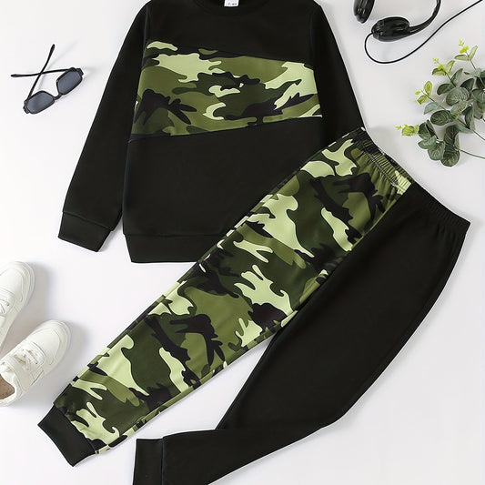 Boy's 2pcs Cartoon Letter Camo Sweatshirt & Sweatpants Set