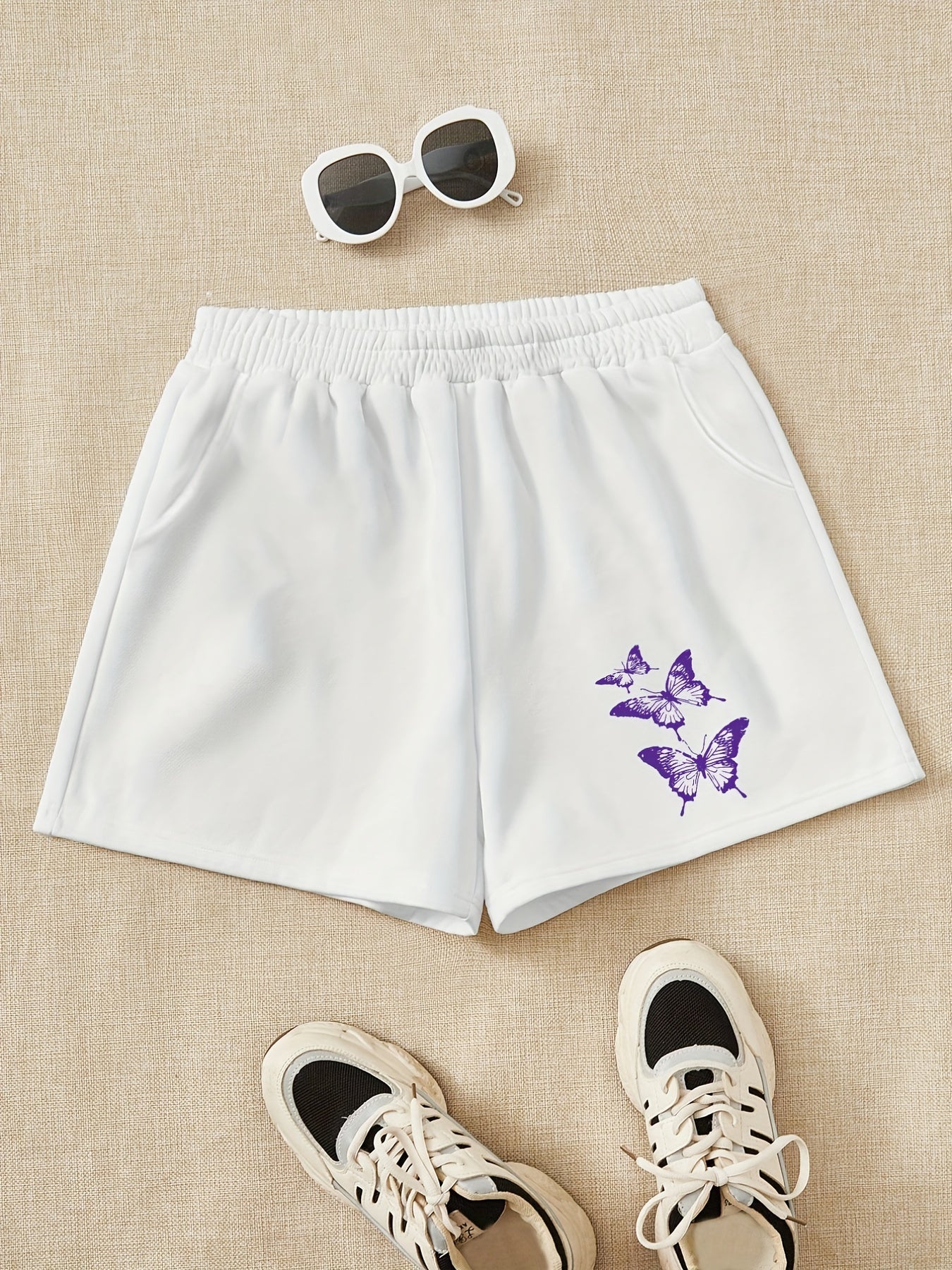 Girls Shorts Purple Butterfly Print Comfy Fit Elastic Waist Work Out Shorts