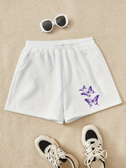 Girls Shorts Purple Butterfly Print Comfy Fit Elastic Waist Work Out Shorts