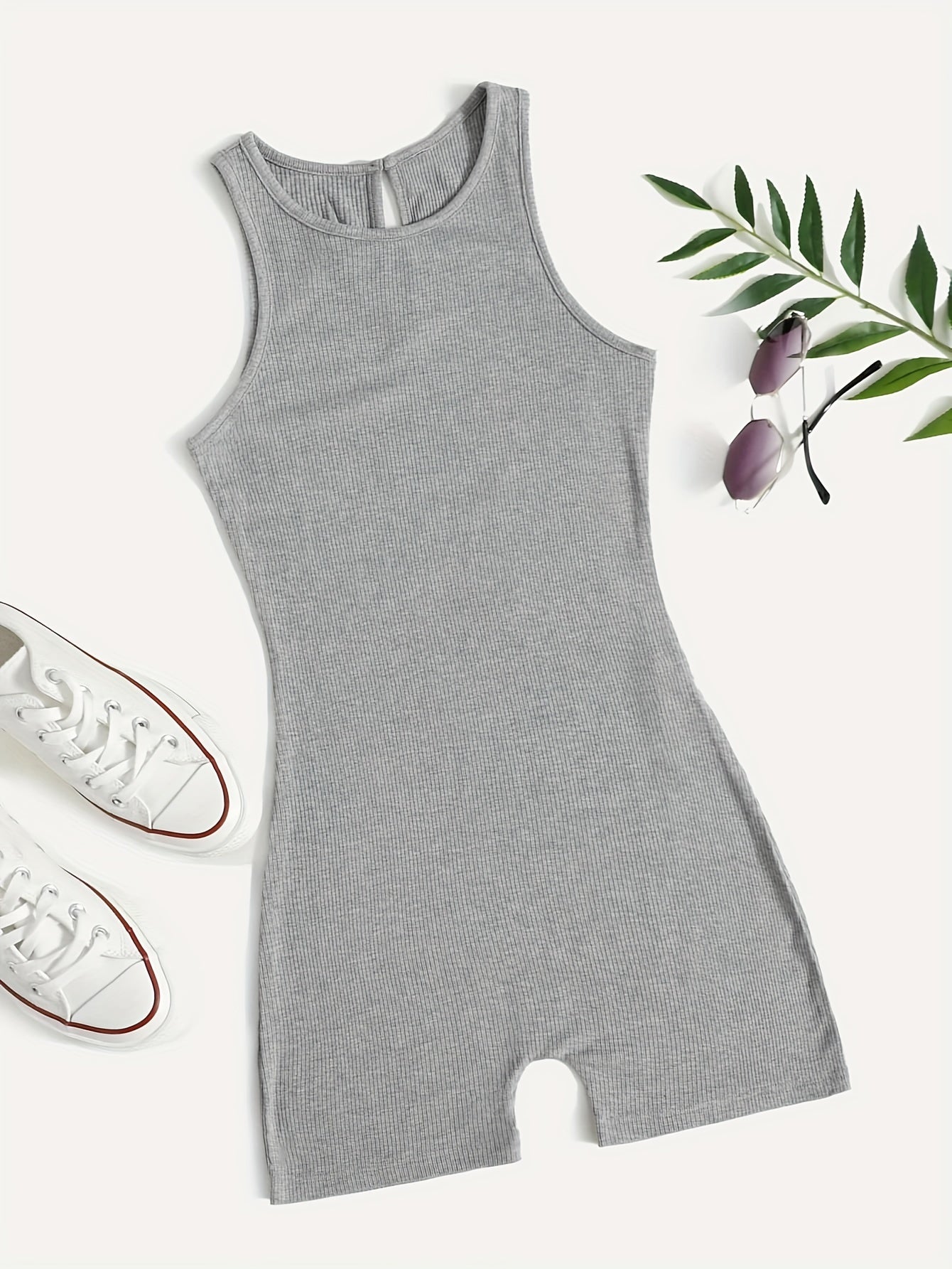 Solid Crew Neck Romper Sleeveless Jumpsuit Casual