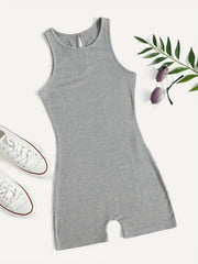 Solid Crew Neck Romper Sleeveless Jumpsuit Casual