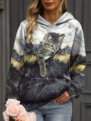 Cat Print Kangaroo Pocket Hoodie for Women