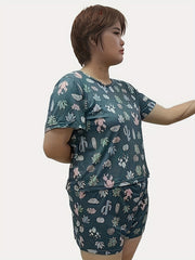 Cactus Print Plus Size Pajama Set - Short Sleeve Top & Shorts