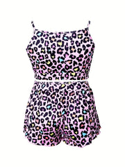 Casual Pajama Set Women's Plus Leopard Print Cami Top & Shorts