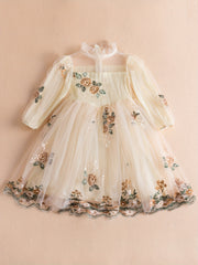 Girls Casual Flower Mesh Sleeves Embroidery Voile Dress For Wedding Party
