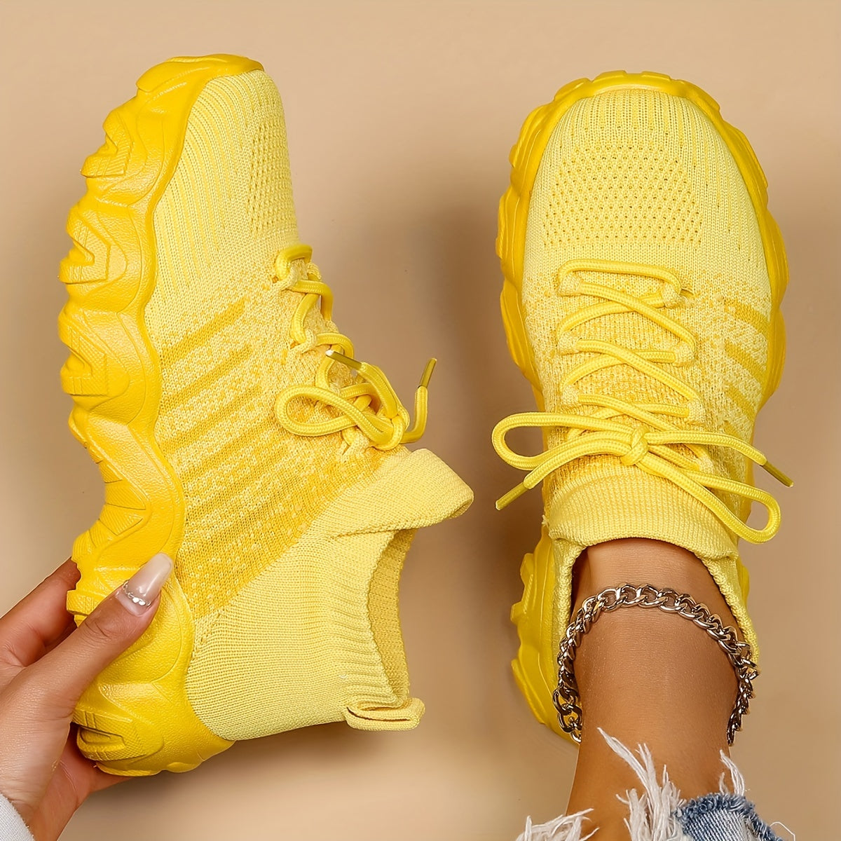 Yellow Knit Sneakers Breathable Comfortable Low Top Running Shoes