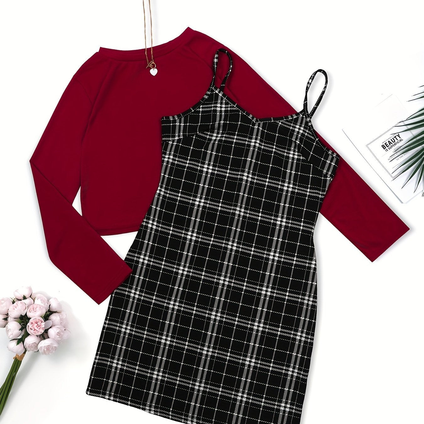 Preppy Two-piece Set Solid Long Sleeve Tops & Plaid Print Dress
