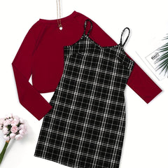 Preppy Two-piece Set Solid Long Sleeve Tops & Plaid Print Dress