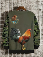 Rooster Print Men's Camo Long Sleeve Sweatshirt