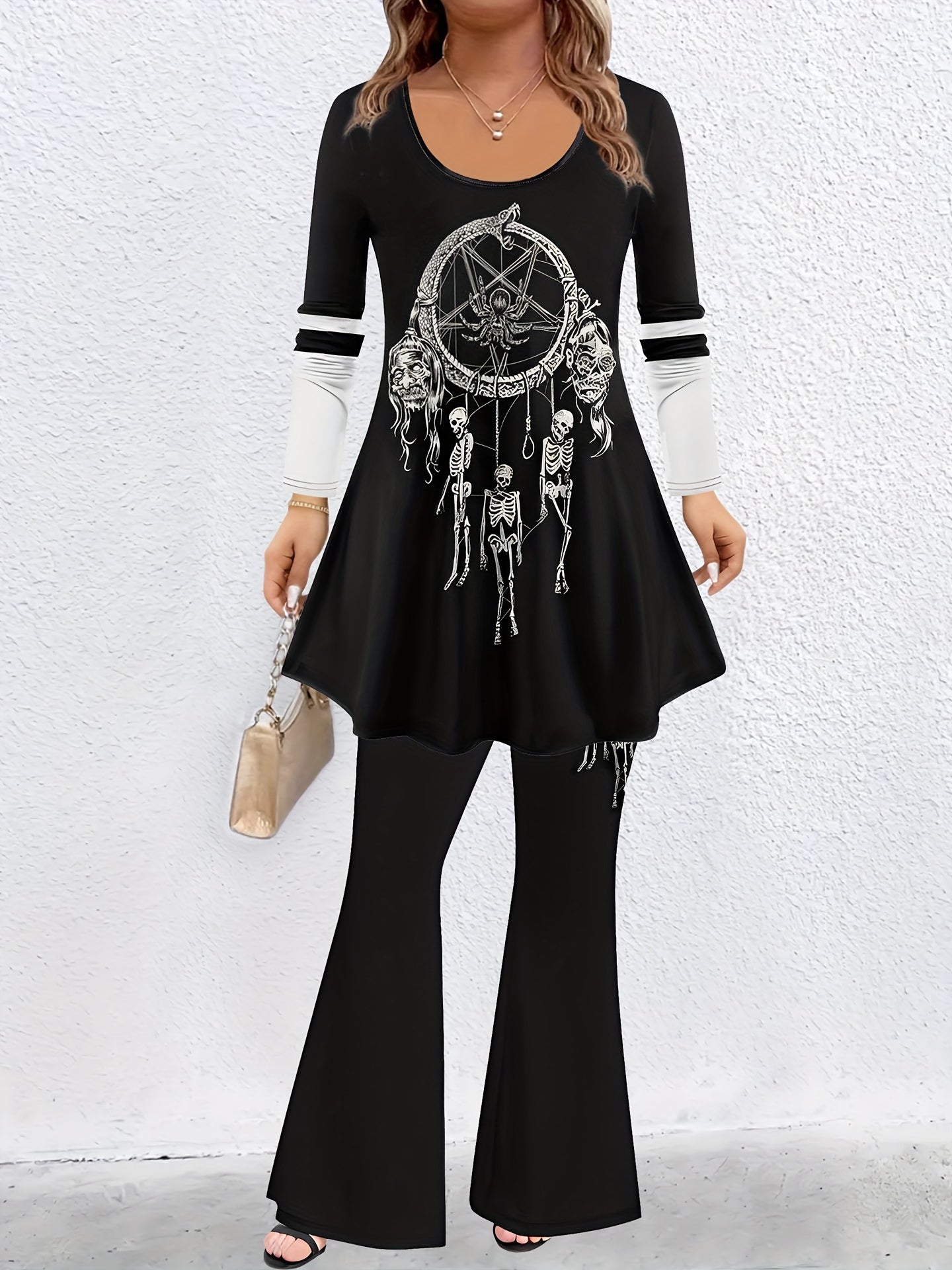 Gothic Skull Print Tee & Flared Leg Pants Two Piece Set