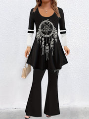 Gothic Skull Print Tee & Flared Leg Pants Two Piece Set
