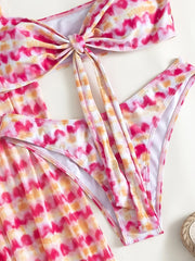 Tie Dye Knot Front Bandeau Bikini Set with Cover Up