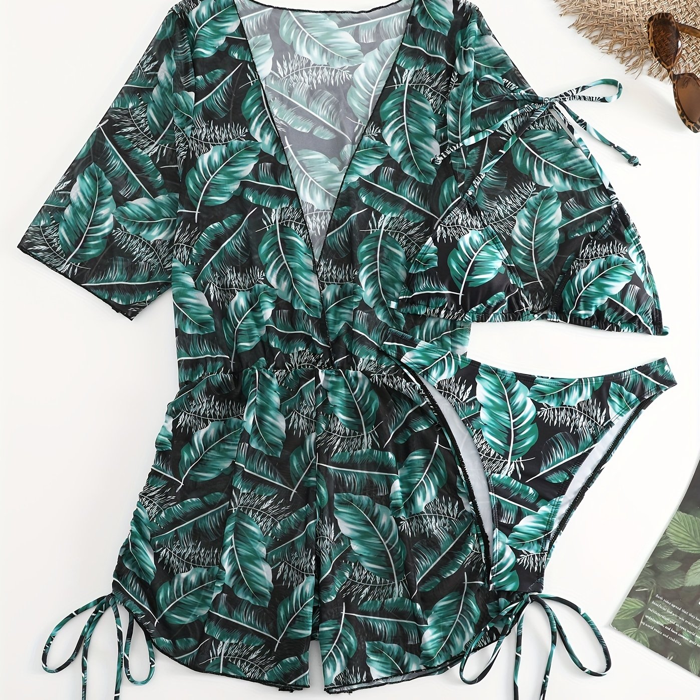 Plant Graphic Bikini Sets Halter V Neck High Cut Swimsuit Women's Swimwear
