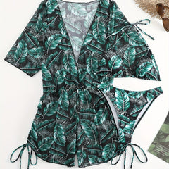 Plant Graphic Bikini Sets Halter V Neck High Cut Swimsuit Women's Swimwear