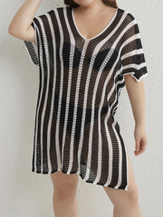 Women's Plus Size Striped Bat Sleeve V Neck Cover Up Dress