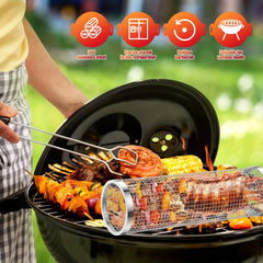 Portable Rolling BBQ Basket for Veggies Fries Seafood Meat