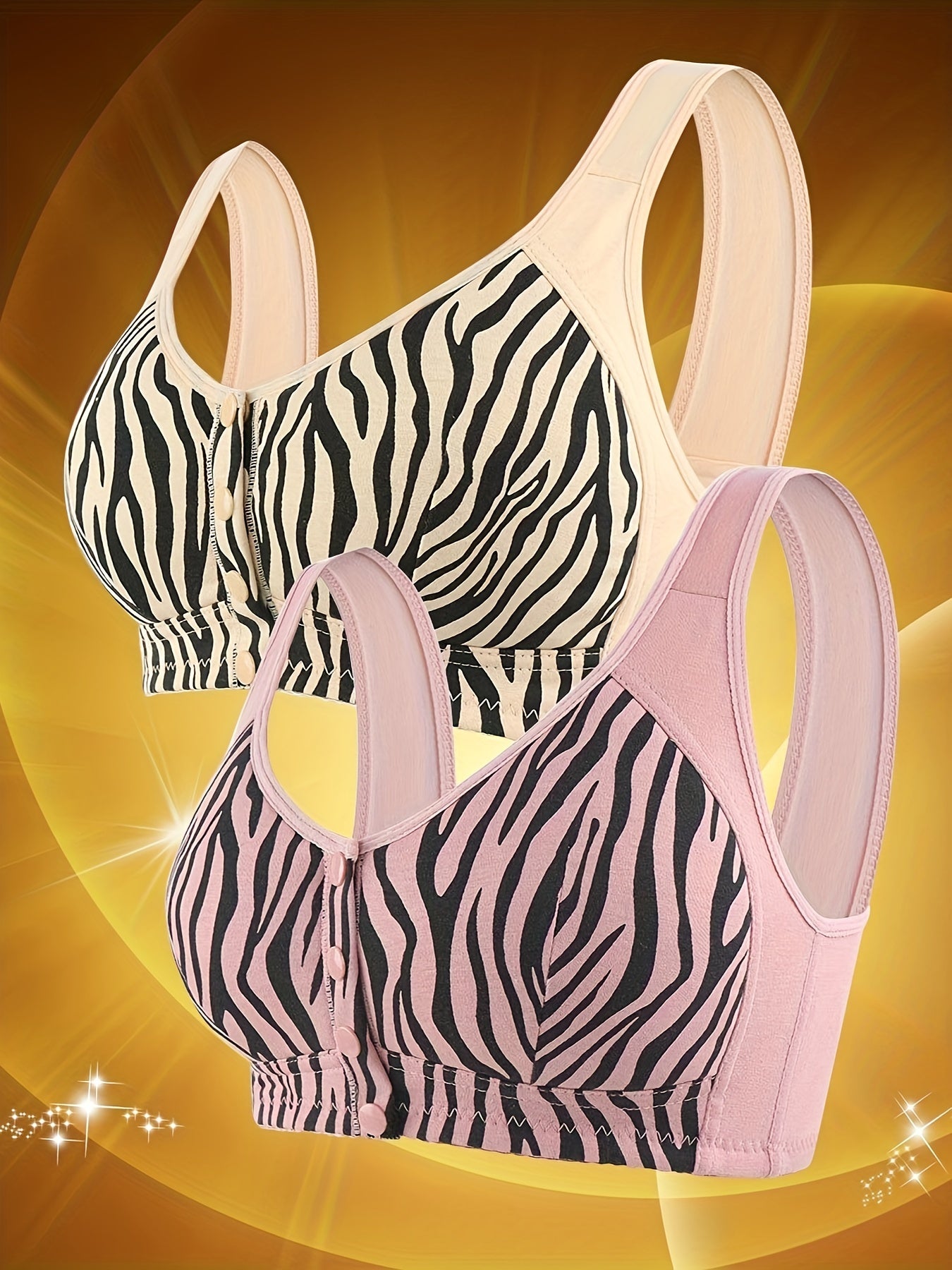 2pcs Striped Wireless Bras Front Buckle Comfy Breathable Women's Lingerie