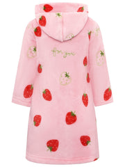Girls Hooded Bathrobe Strawberry Pattern Flannel Soft Warm Pockets Belt Robe