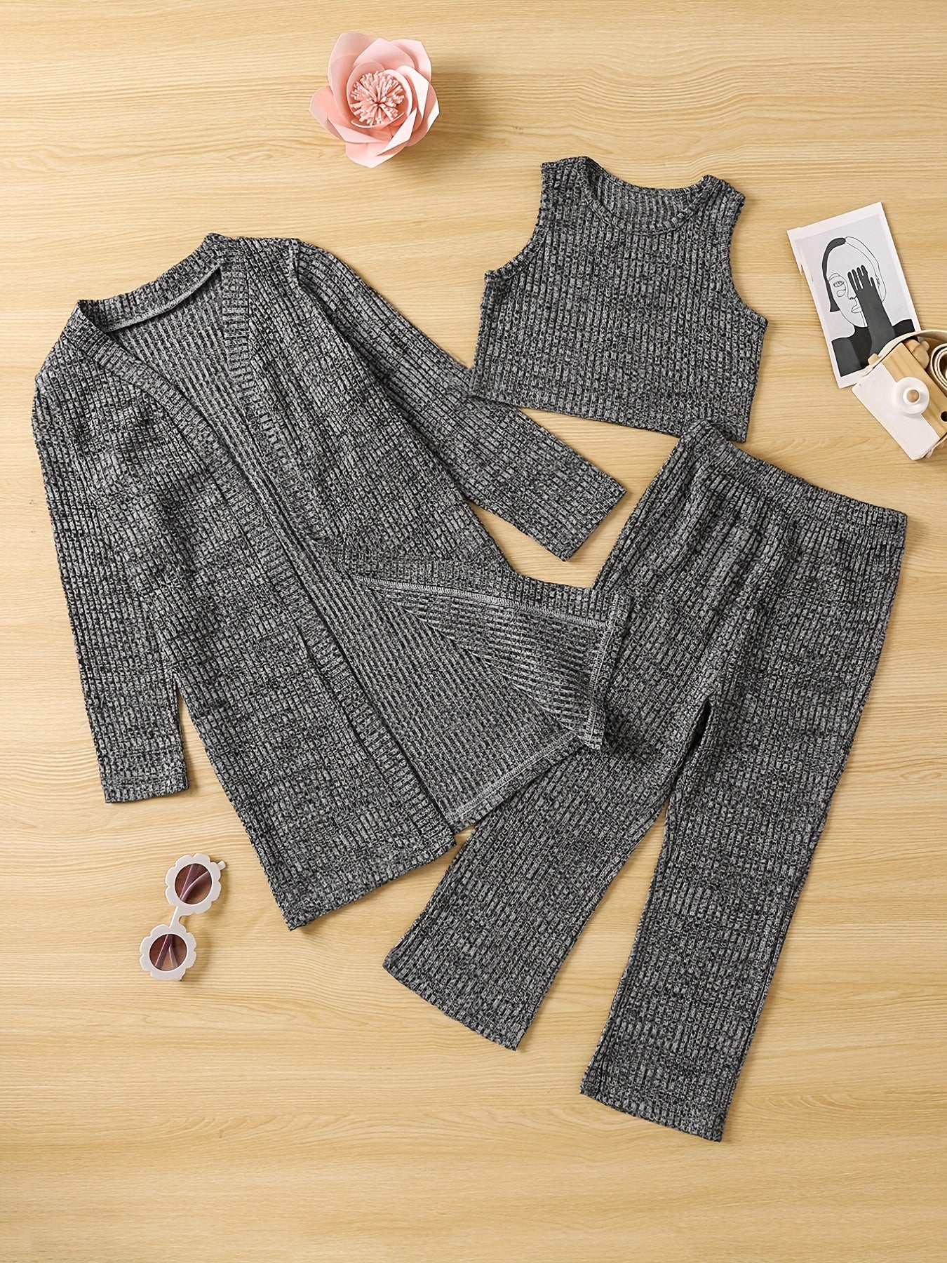 Girl's Cable Knit 2pcs Cardigan & Tank Top & Pants Set