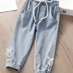 Girls' Lace Bow Beaded Casual Jeans For Street Kids
