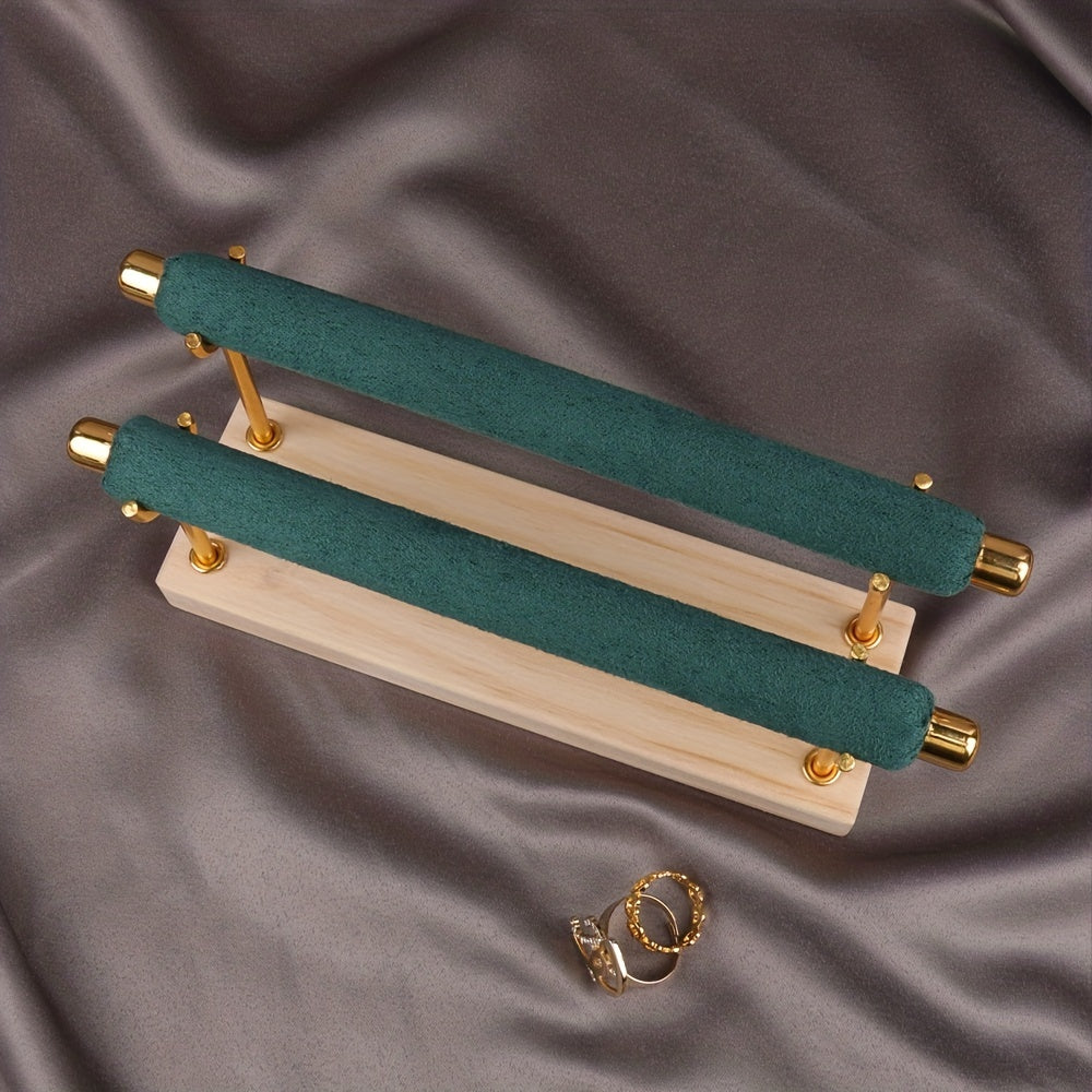 Two Tier Ring Flannel Display Jewelry Rack Solid Wood Base Organizer