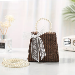 Straw Crossbody Bag with Faux Pearl Handle for Women